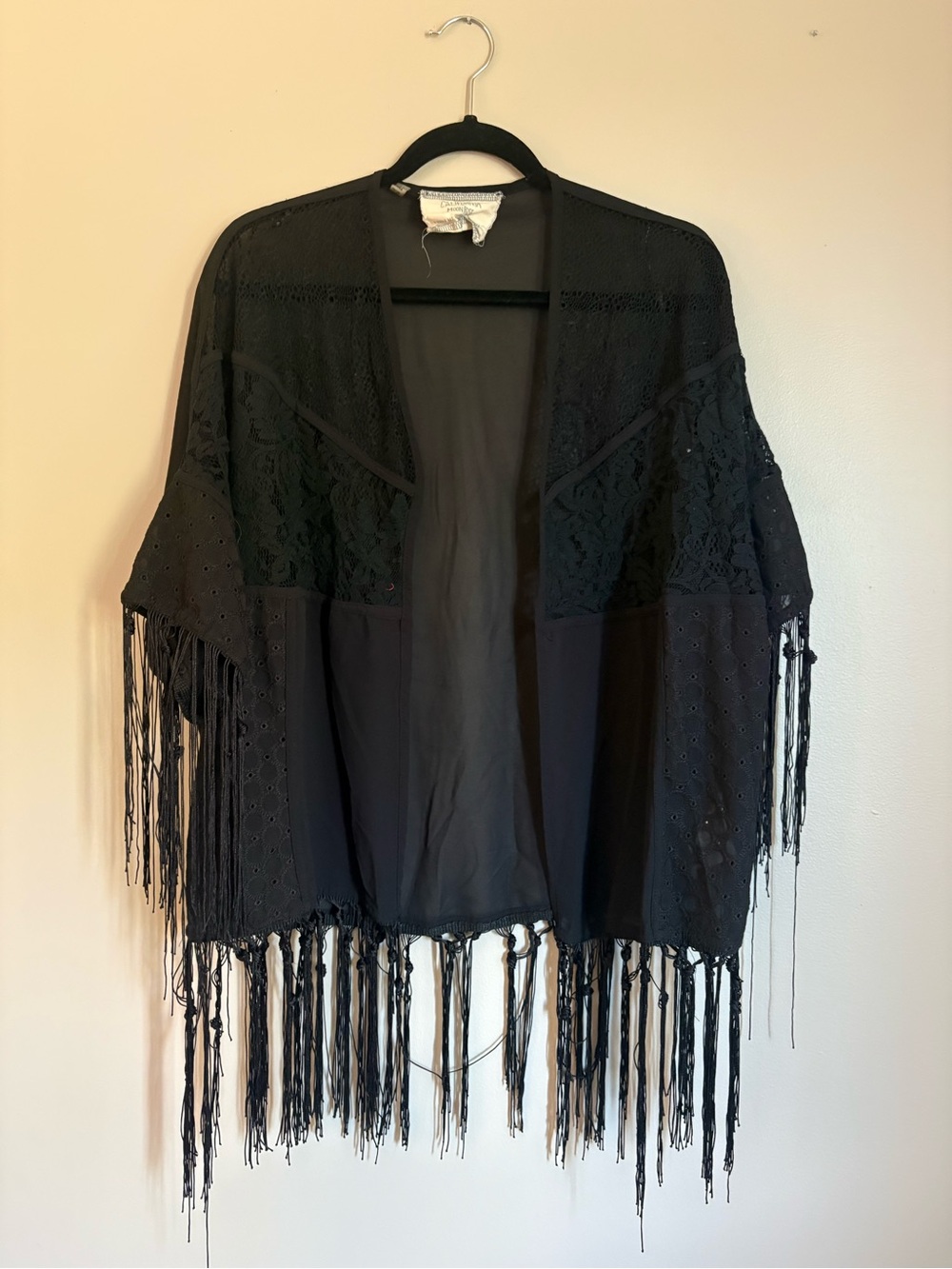 Women's Black Fringe Open-Front Kimono by